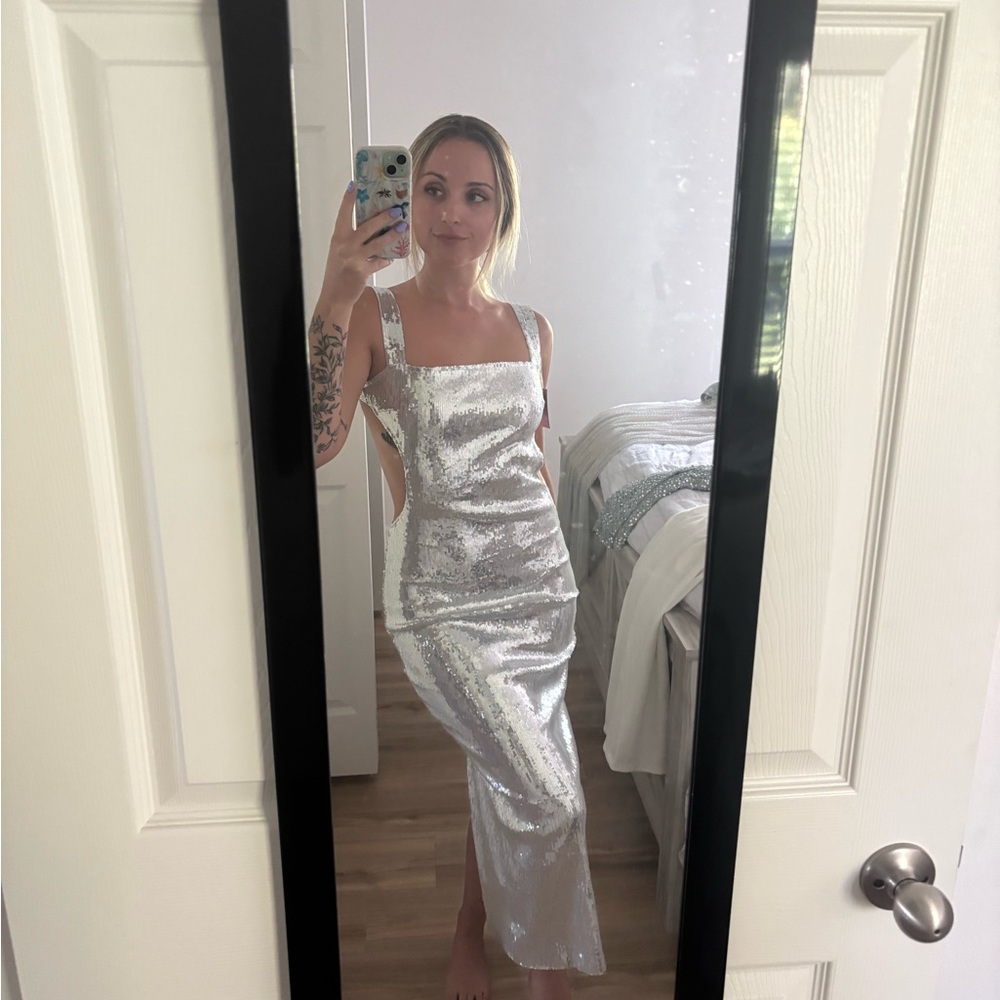 Silver Sleeveless Square Neck Slip Dress